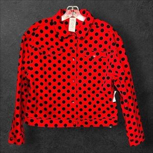 Disney Minnie Mouse Red Black Polka Dot Denim Jacket Embroidered Button Front S